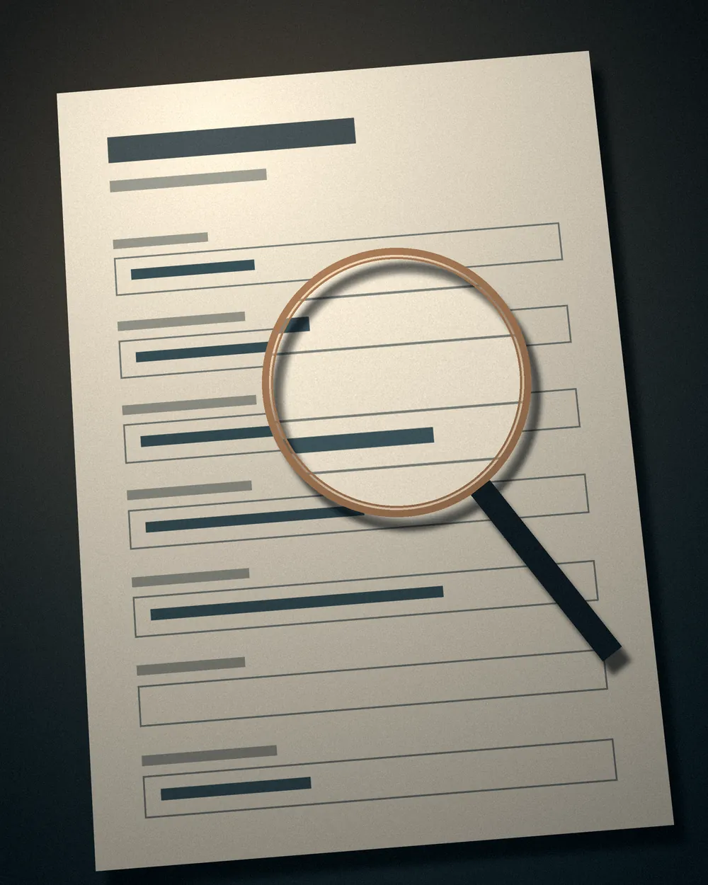 Placeholder still life: a magnifying glass resting on a printed form