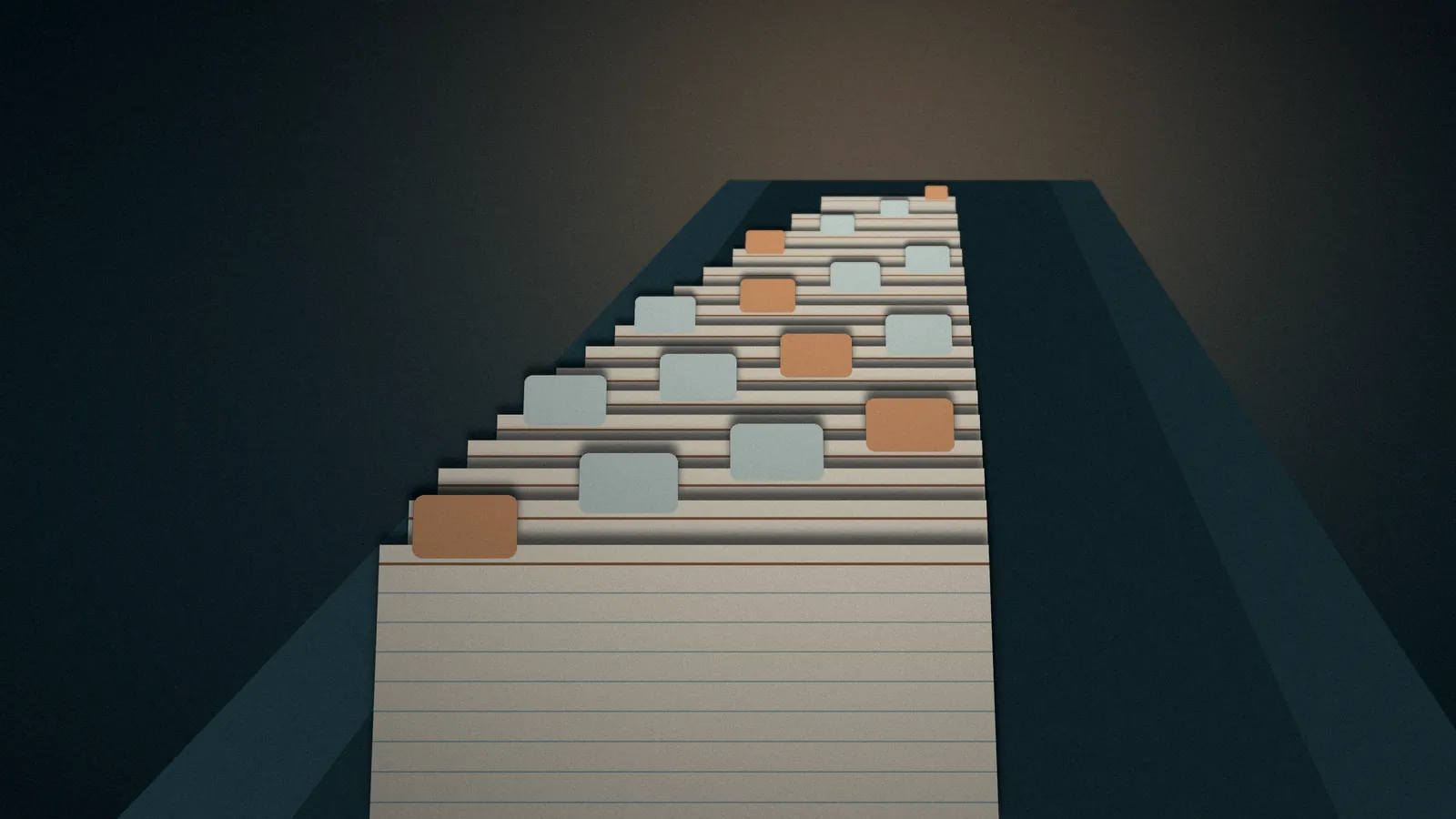 Placeholder illustration: a long drawer of index cards with coloured tabs