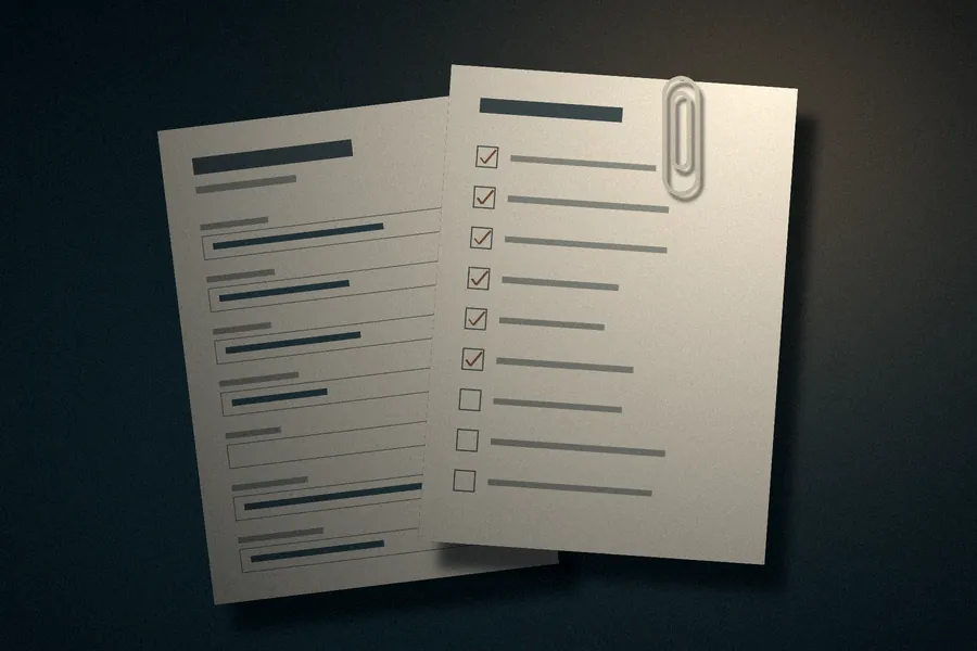 Placeholder still life: a form beside a clipped checklist with several items ticked