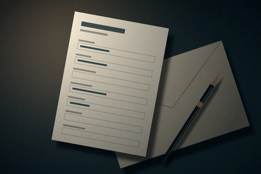Placeholder still life: a filled-in form, an envelope and a pen on a dark desk