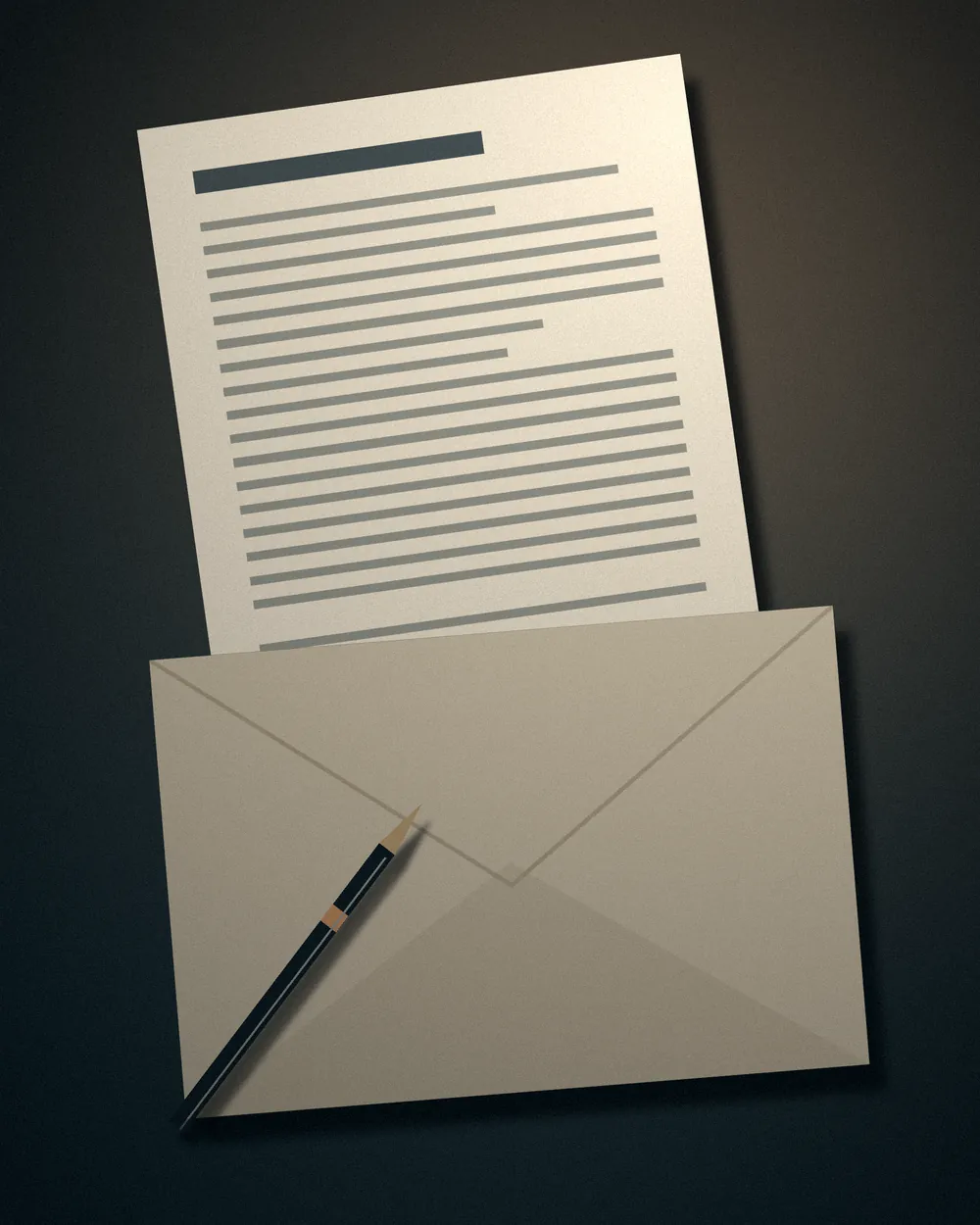 Placeholder still life: a typed letter, an envelope and a pen