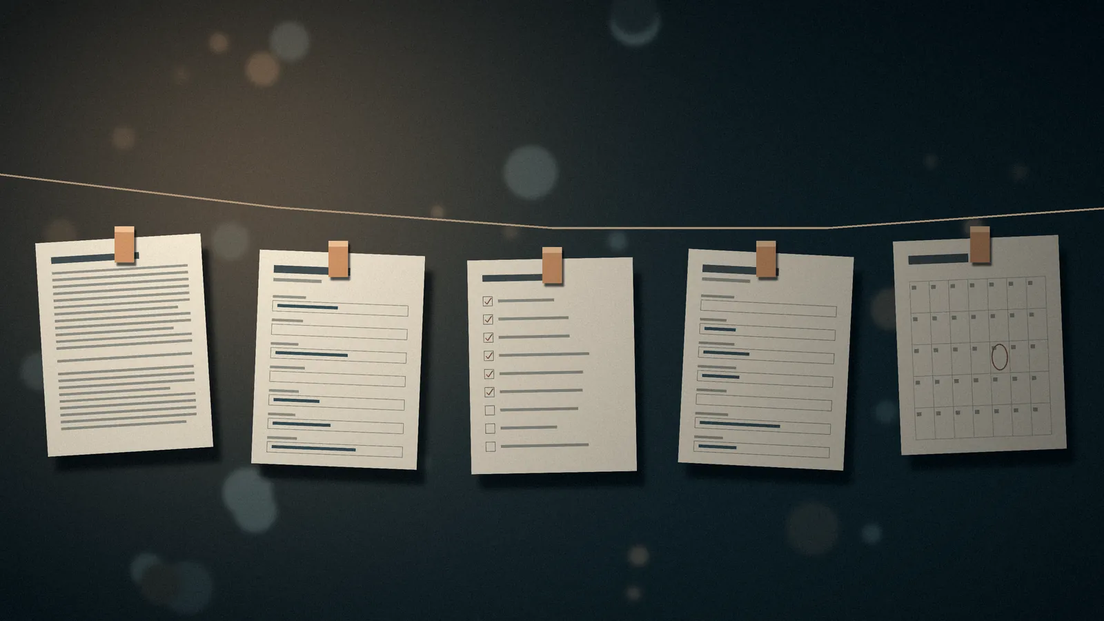 Placeholder illustration: five paper cards clipped in order along a line