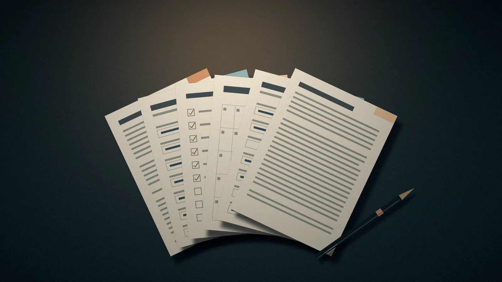 Placeholder still life: several printed forms fanned out beside a pen